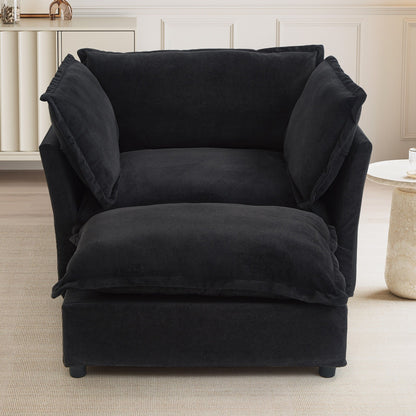 Fauteuil moderne avec pouf - Fauteuil de salon rembourré, assise large, accoudoirs incurvés et coussins moelleux pour le salon