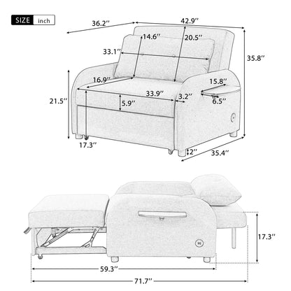 Canapé-lit 3 en 1 48,82 places avec table à 2 oreilles et chargeur USB