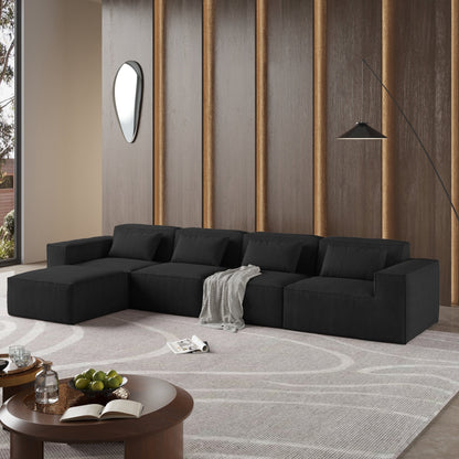 Canapé modulable en velours côtelé 5 places en forme de L avec plusieurs coussins