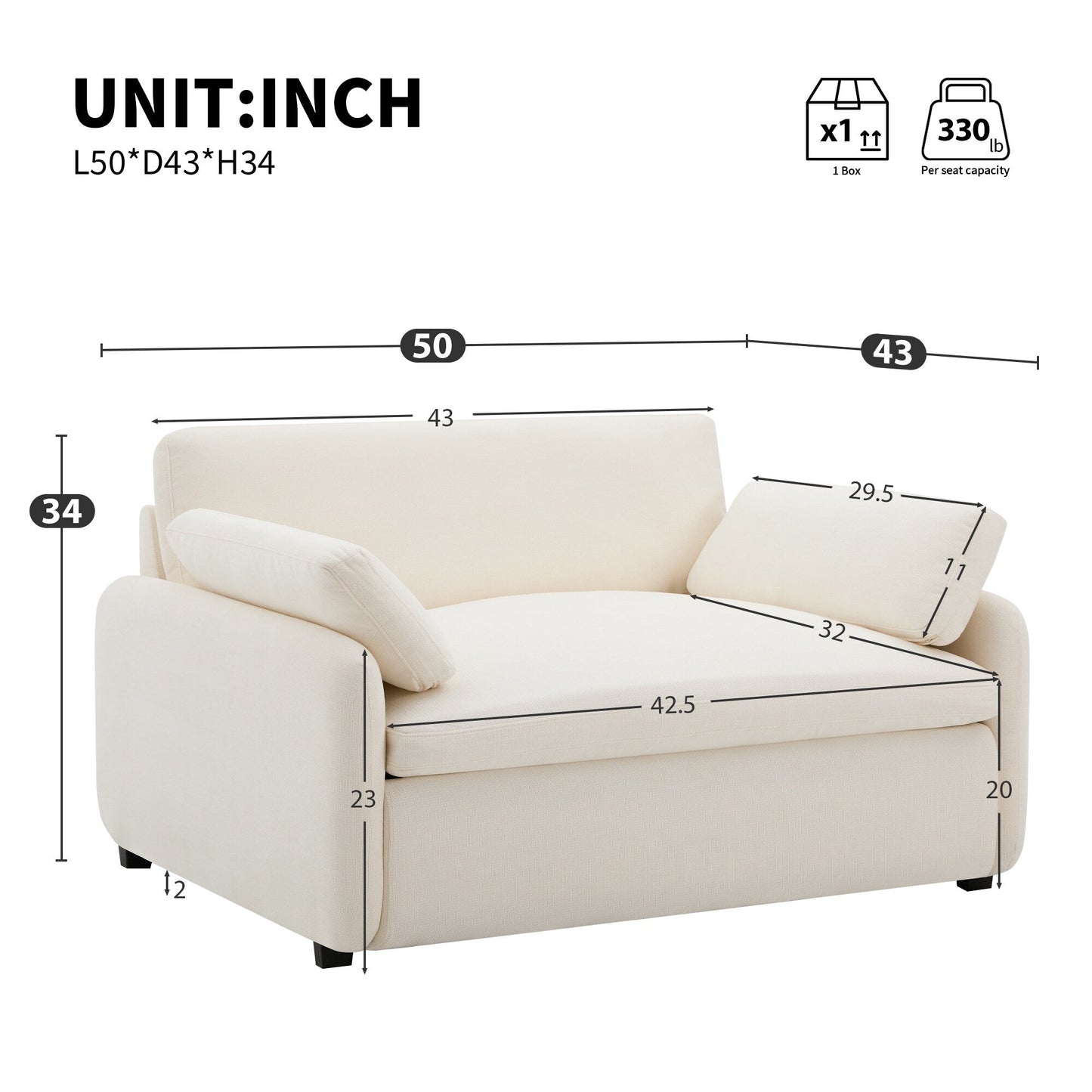 Fauteuil d'appoint simple surdimensionné en chenille 50 x 43, siège large et profond, fauteuil moderne et confortable rembourré