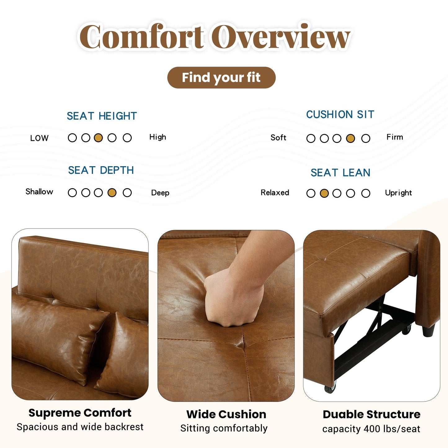 Canapé-lit convertible en polyuréthane 51,57 po avec 3 ports USB, capacité de charge de 181 kg et mécanisme de lit gigogne