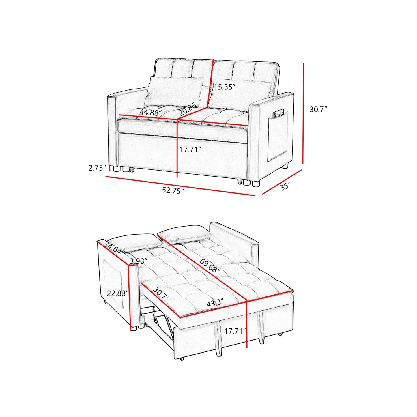 Canapé-lit 4 places moderne en velours 52,75 $ avec dossier réglable