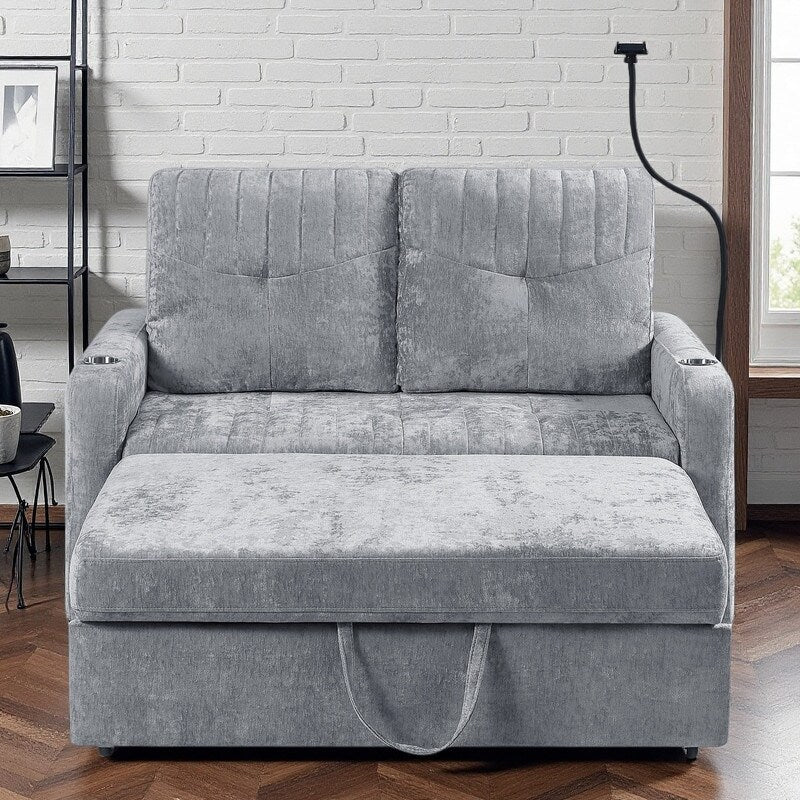 Canapé convertible en chenille de 53,9 po avec lit gigogne, 3 ports USB et rangement intelligent