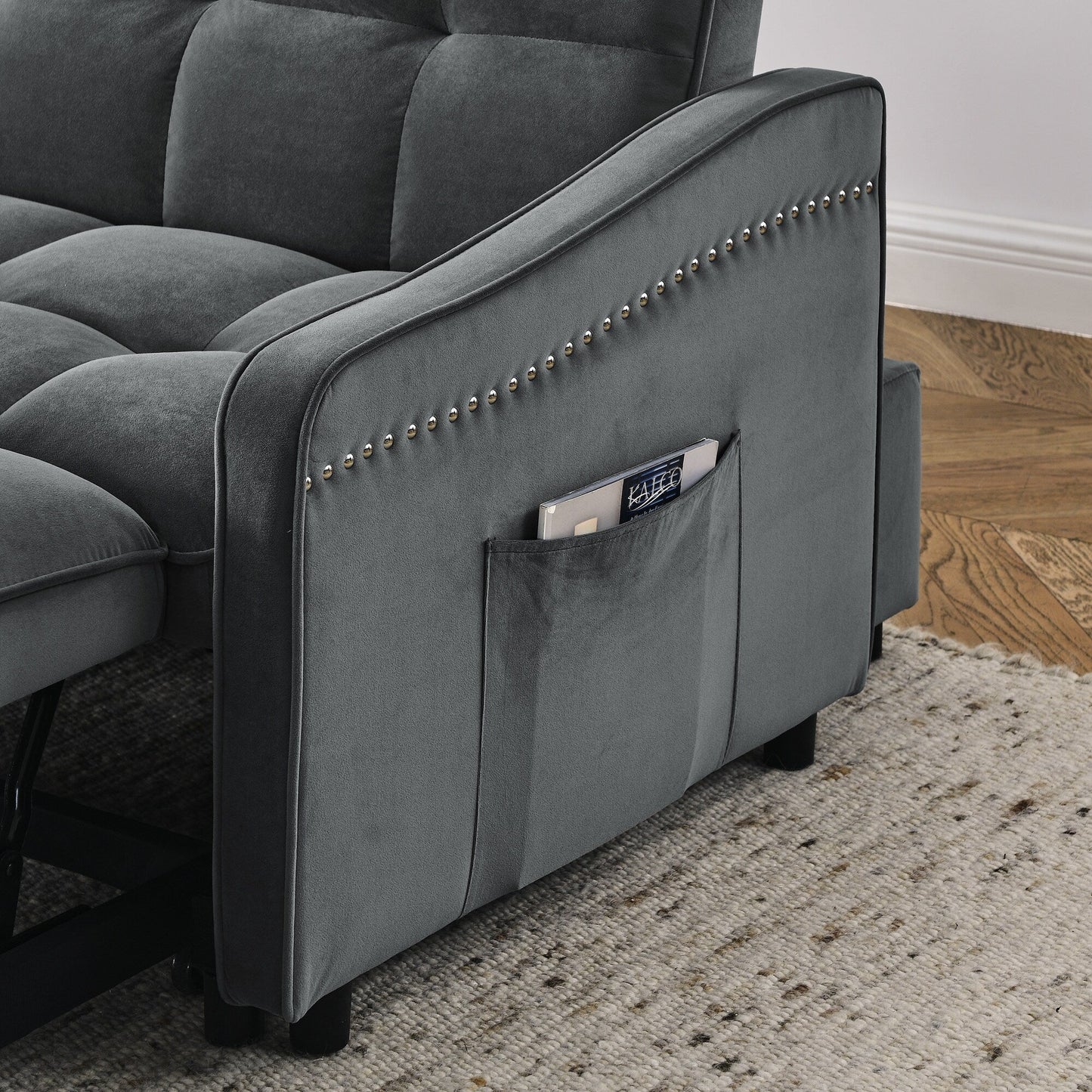 Canapé-lit modulable en mousse de 53 po avec lit gigogne, chargement USB/Type-C, garniture en cuivre et poches de rangement pour les accoudoirs