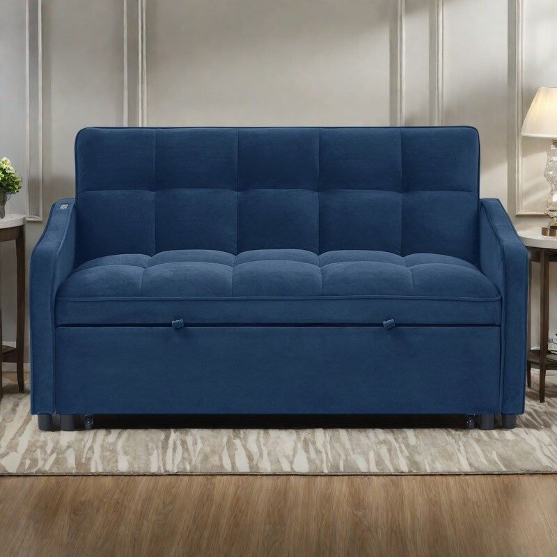 Canapé-lit modulable en mousse de 53 po avec lit gigogne, chargement USB/Type-C, garniture en cuivre et poches de rangement pour les accoudoirs