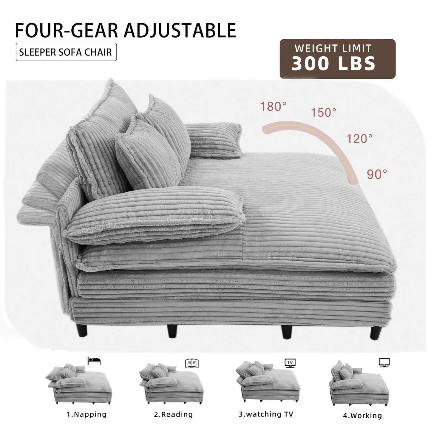 Chaise longue surdimensionnée de 54,75 W, canapé-lit moelleux et rembourré avec 2 oreillers