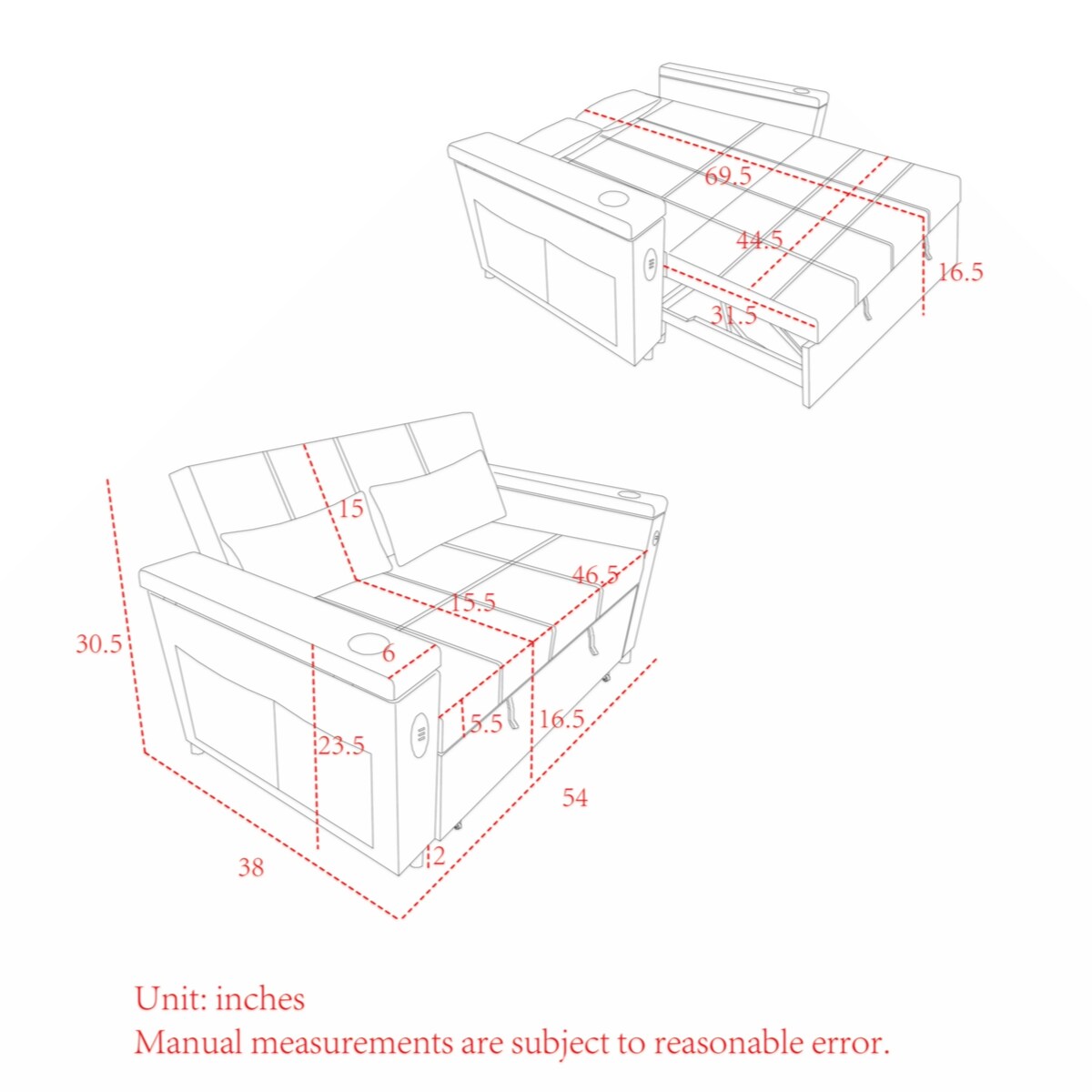 Canapé-lit gigogne 54 places inclinable avec accoudoirs, rangements et poches latérales, prise USB