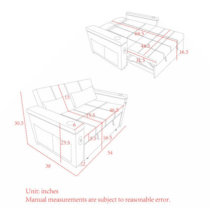 Canapé-lit gigogne 54 places inclinable avec accoudoirs, rangements et poches latérales, prise USB