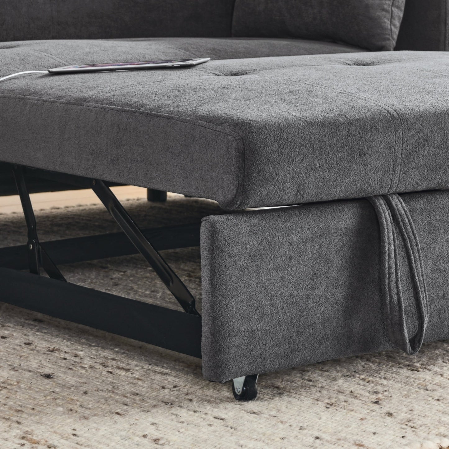 Canapé-lit gigogne 54 places inclinable avec accoudoirs, rangements et poches latérales, prise USB