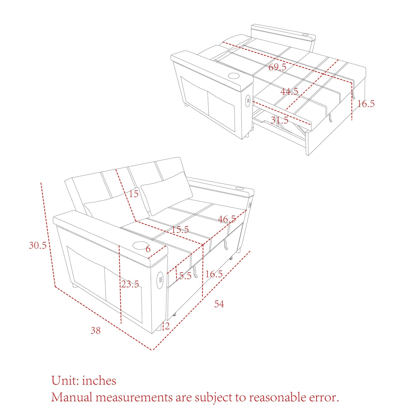 Canapé-lit gigogne 54 places Canapé-lit inclinable à deux places