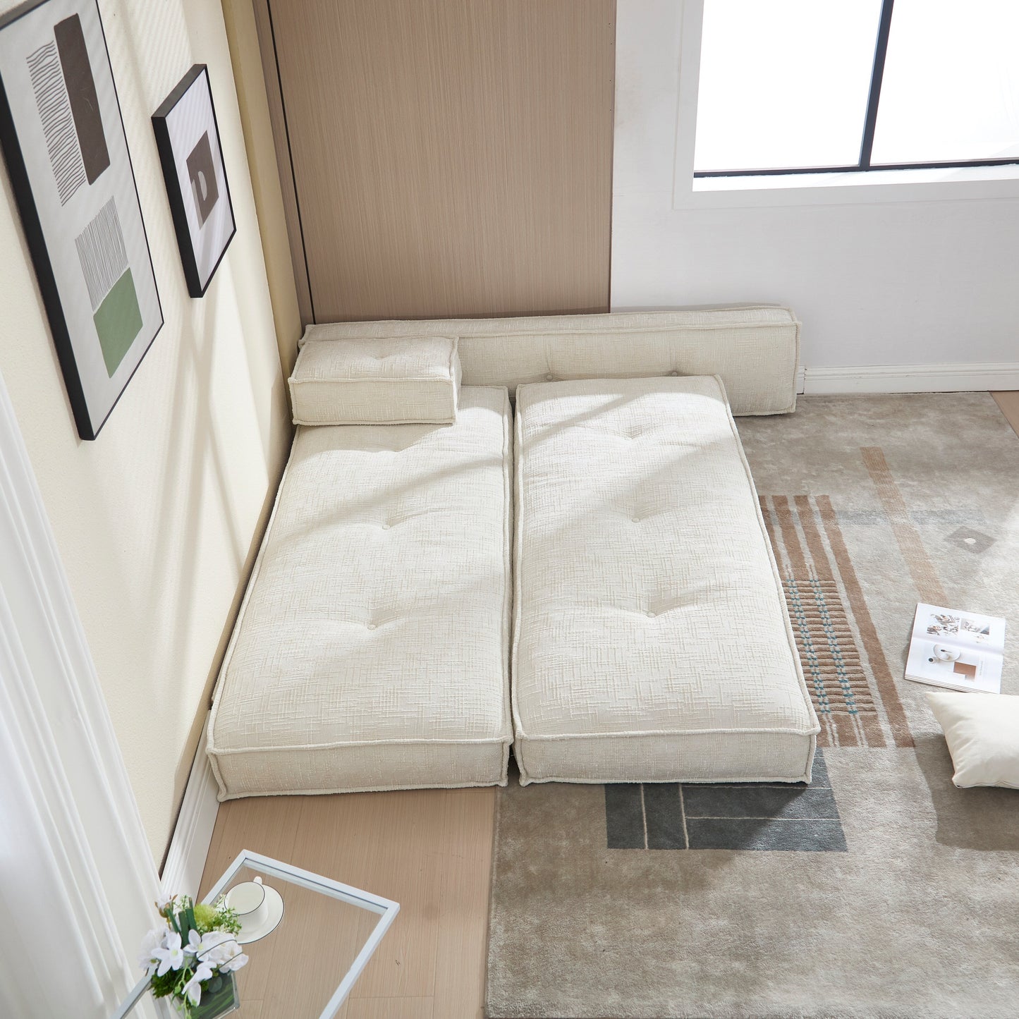 Canapé convertible 3 en 1 en velours bleu de 55 pouces avec poches