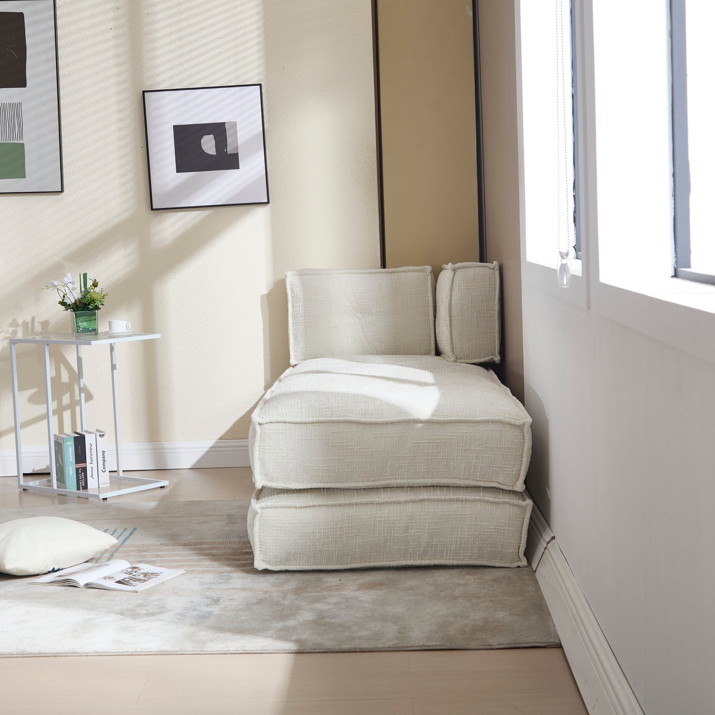 Canapé convertible 3 en 1 en velours bleu de 55 pouces avec poches