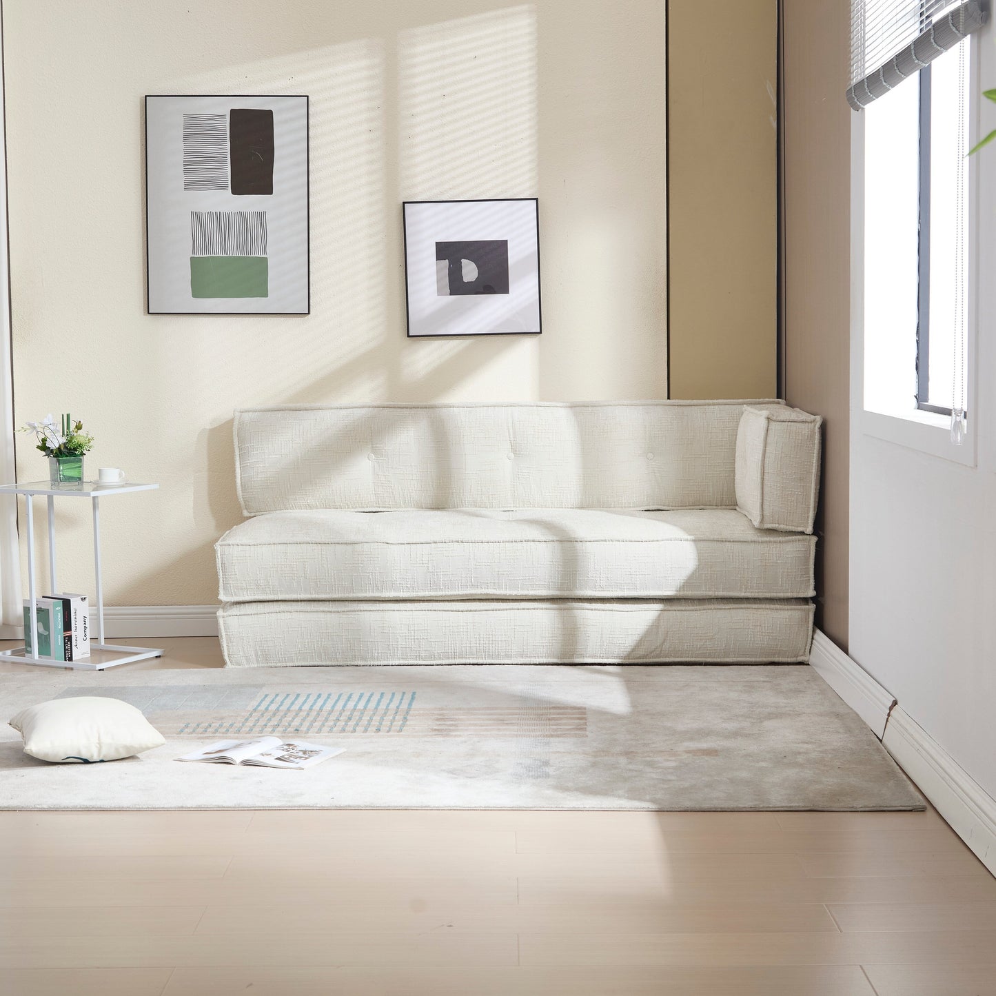 Canapé convertible 3 en 1 en velours bleu de 55 pouces avec poches