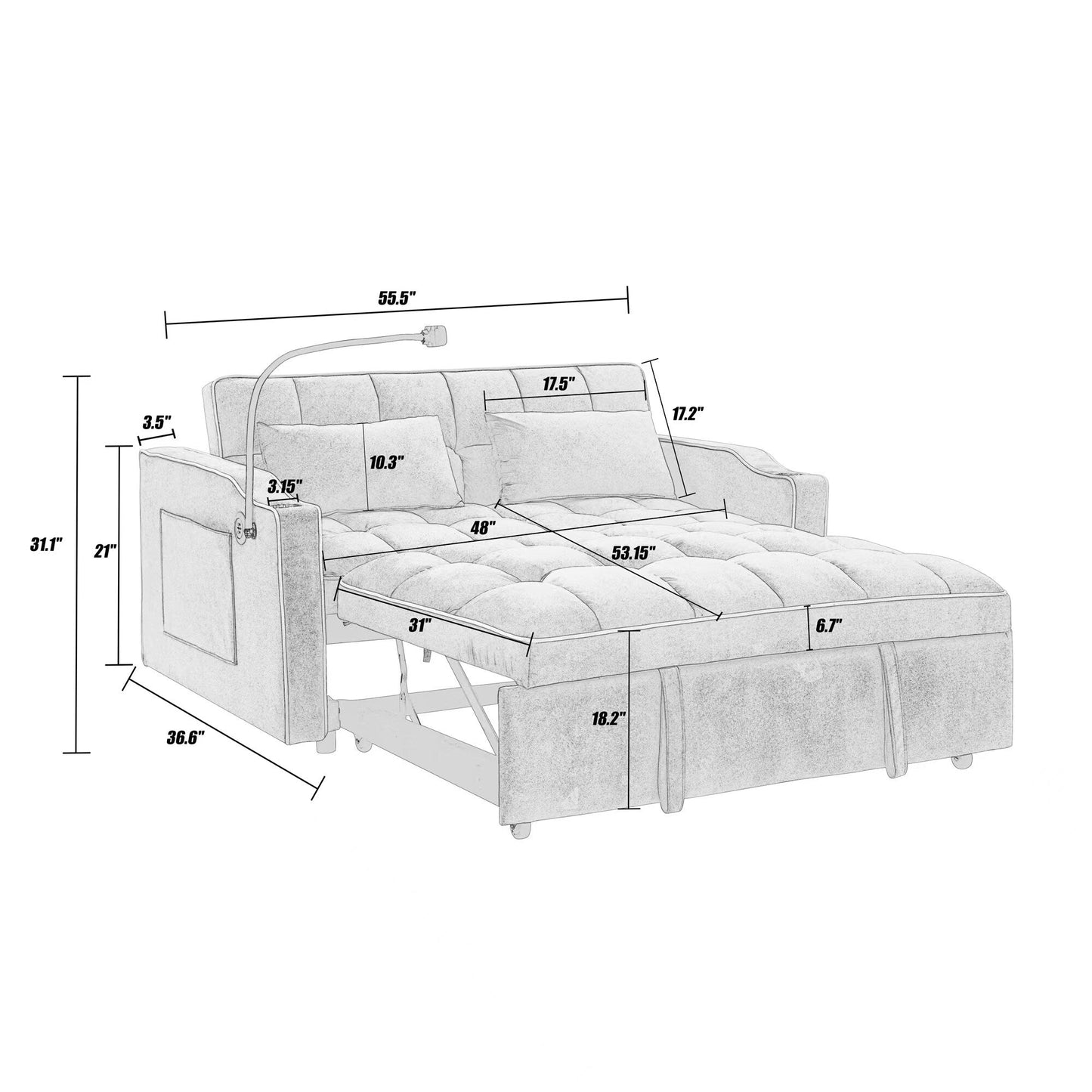 Canapé-lit pliable polyvalent de 55,51 pouces en 3 longueurs