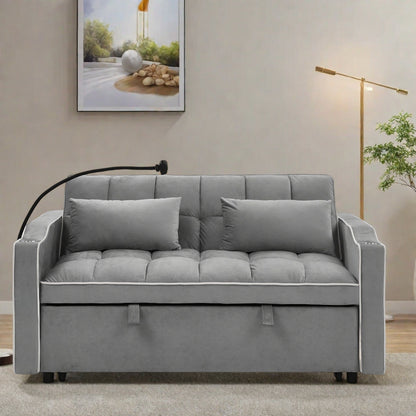 Canapé 2 places en bois massif 55,5" avec ports de chargement USB et support pour téléphone, avec 2 coussins moelleux.