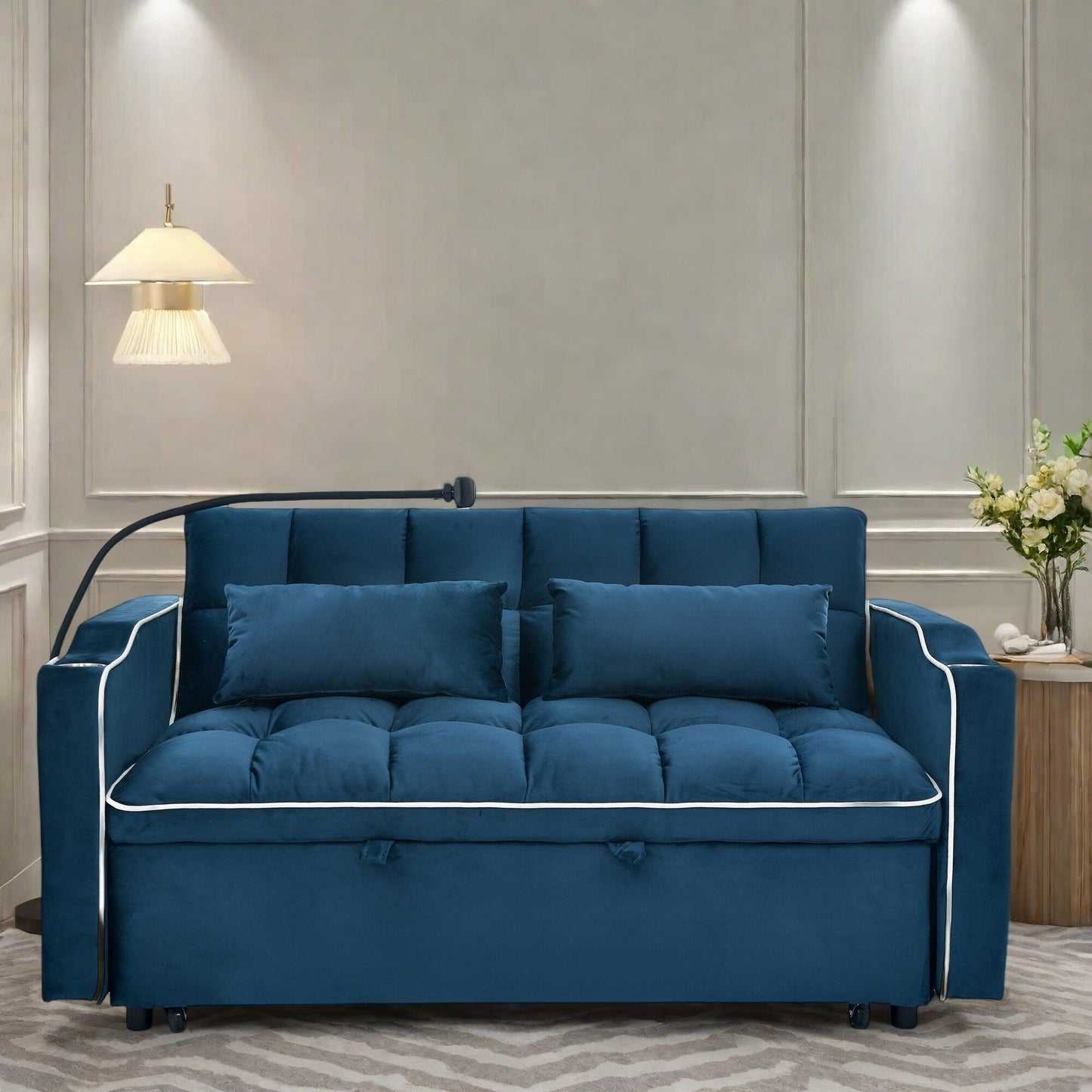 Canapé 2 places en bois massif 55,5" avec ports de chargement USB et support pour téléphone, avec 2 coussins moelleux.