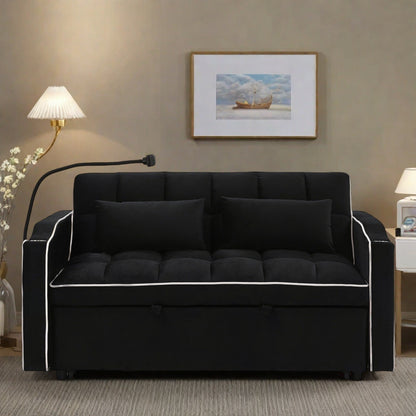 Canapé 2 places en bois massif 55,5" avec ports de chargement USB et support pour téléphone, avec 2 coussins moelleux.