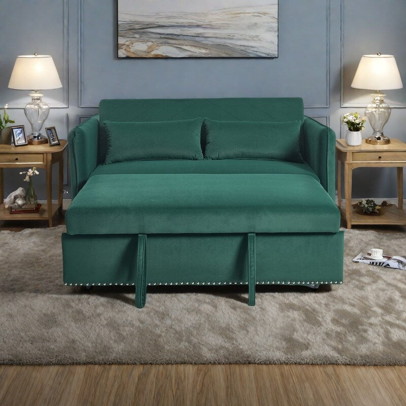 Canapé-lit convertible 3 en 1 en velours de 55 pouces avec dossier inclinable, poches latérales et 2 oreillers