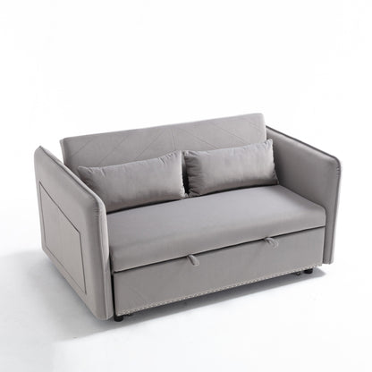 Canapé-lit convertible 3 en 1 en velours de 55 pouces avec dossier inclinable, poches latérales et 2 oreillers