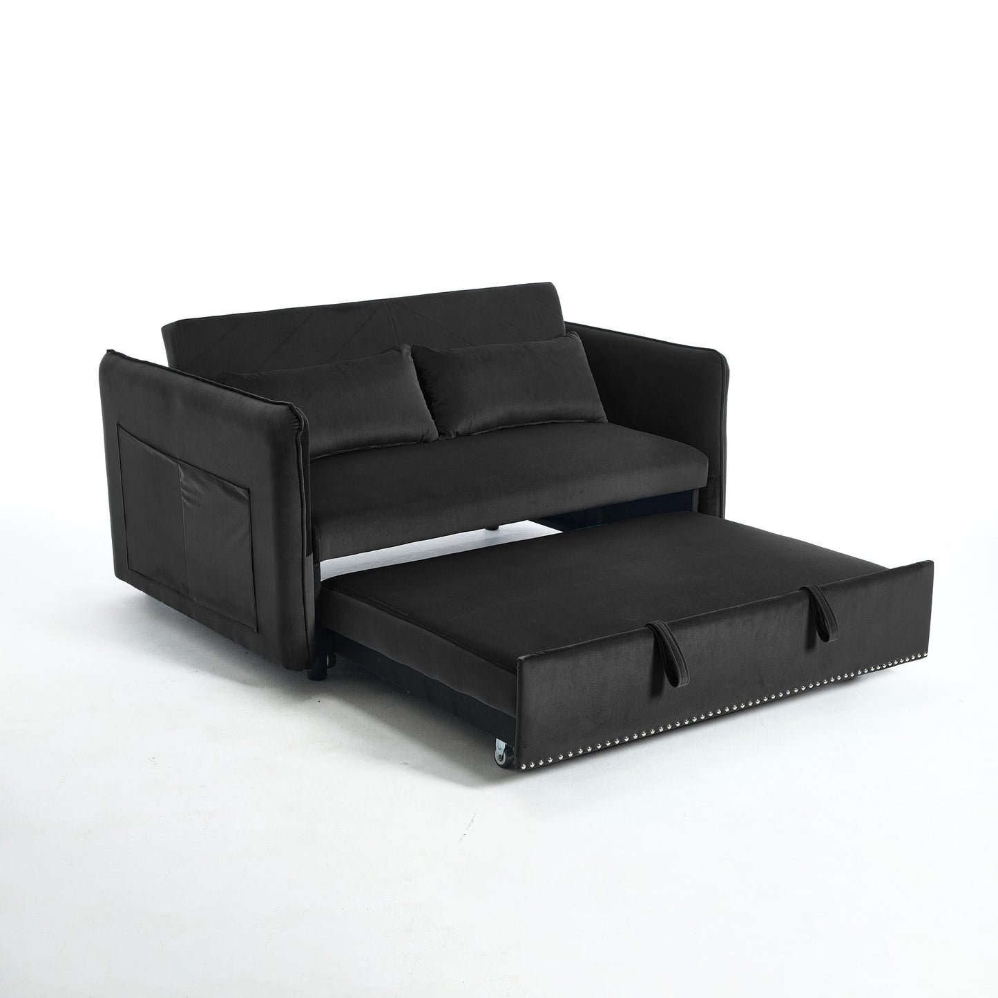 Canapé-lit convertible 3 en 1 en velours de 55 pouces avec dossier inclinable, poches latérales et 2 oreillers