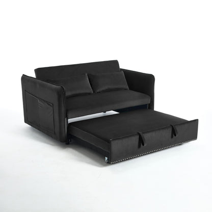 Canapé-lit convertible 3 en 1 en velours de 55 pouces avec dossier inclinable, poches latérales et 2 oreillers