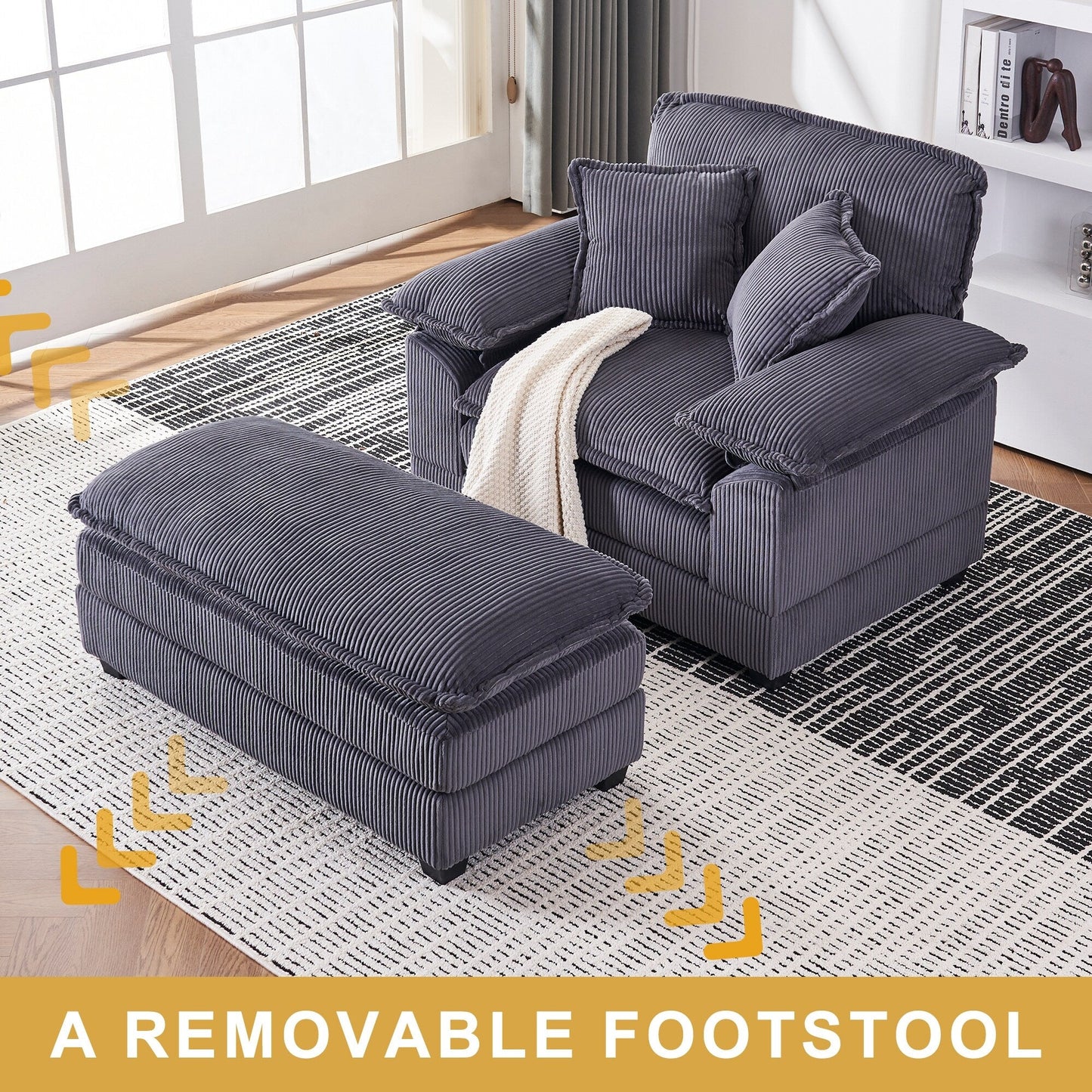 Fauteuil surdimensionné de 56,9 W avec ottoman, fauteuil de lecture pour chambre à coucher, canapé-lit inclinable moderne surdimensionné