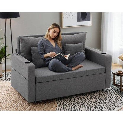 Canapé-lit convertible 3 en 1 de 56 pouces - Canapé-lit gigogne avec porte-gobelets et ports USB, canapé gris foncé pour le salon