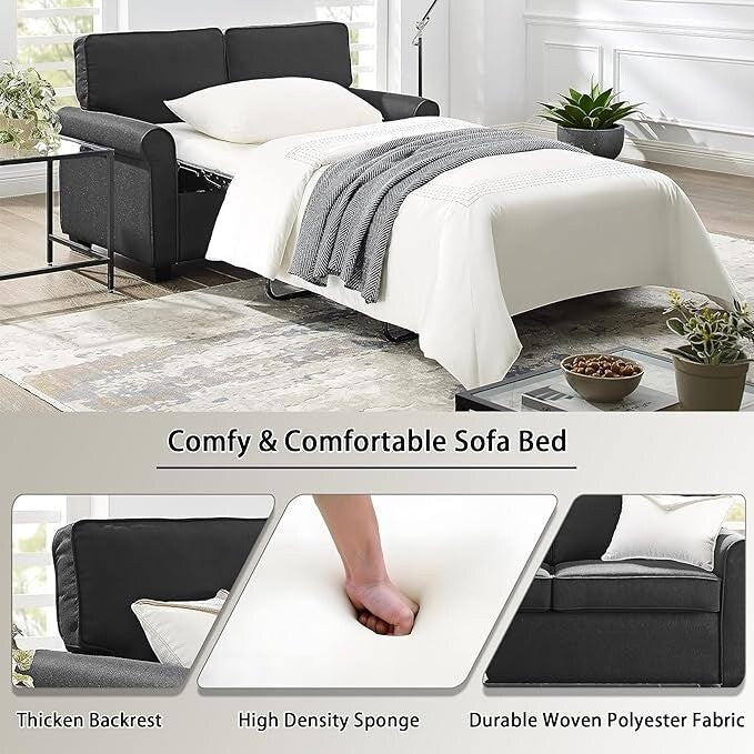 Canapé causeuse en lin 57,1 pouces avec accoudoirs roulés, matelas en mousse à mémoire de forme et pieds en plastique pour le salon