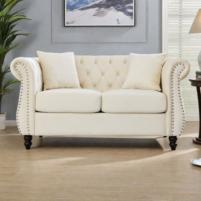 Canapé Chesterfield 2 places en velours 58,8 avec accoudoirs roulés, garniture cloutée et 2 coussins