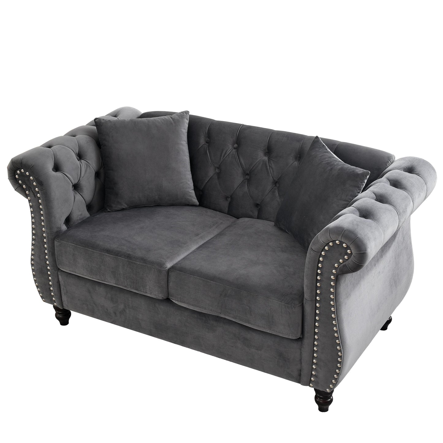 Canapé Chesterfield 2 places en velours 58,8 avec accoudoirs roulés, garniture cloutée et 2 coussins