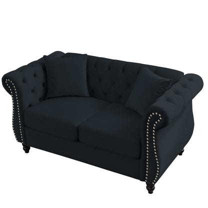 Canapé Chesterfield 2 places en velours 58,8 avec accoudoirs roulés, garniture cloutée et 2 coussins