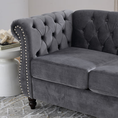 Canapé Chesterfield 2 places en velours 58,8 avec accoudoirs roulés, garniture cloutée et 2 coussins