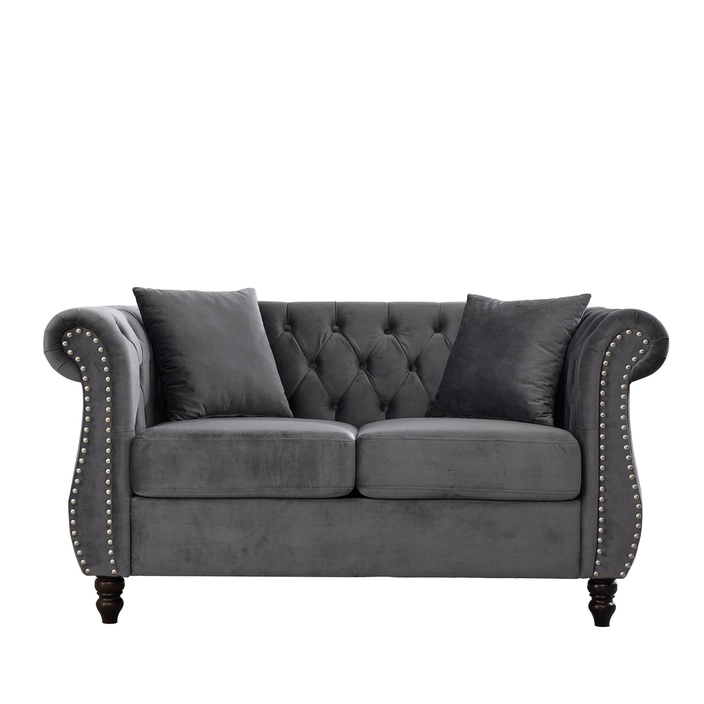 Canapé Chesterfield 2 places en velours 58,8 avec accoudoirs roulés, garniture cloutée et 2 coussins