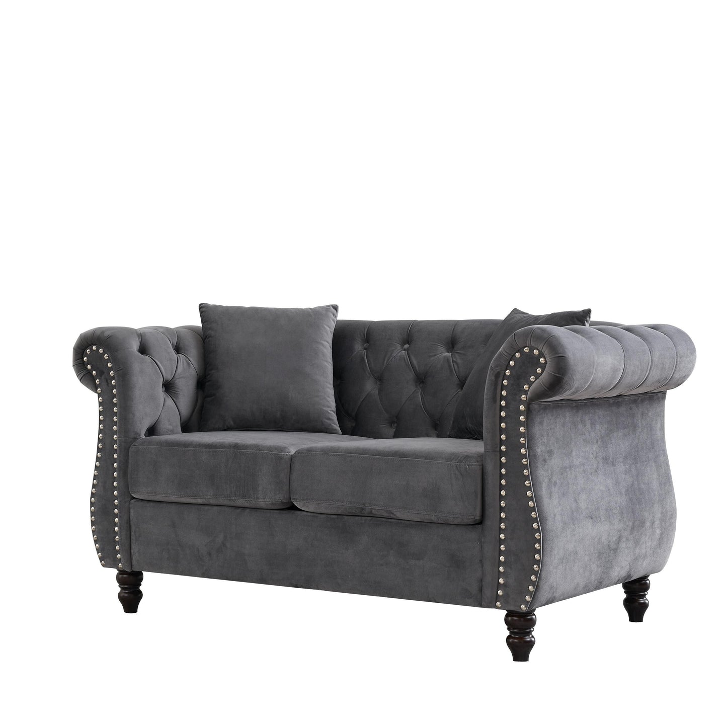 Canapé Chesterfield 2 places en velours 58,8 avec accoudoirs roulés, garniture cloutée et 2 coussins