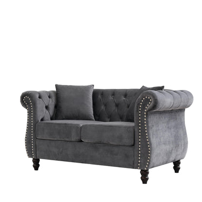 Canapé Chesterfield 2 places en velours 58,8 avec accoudoirs roulés, garniture cloutée et 2 coussins