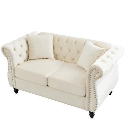 Canapé Chesterfield 2 places en velours 58,8 avec accoudoirs roulés, garniture cloutée et 2 coussins