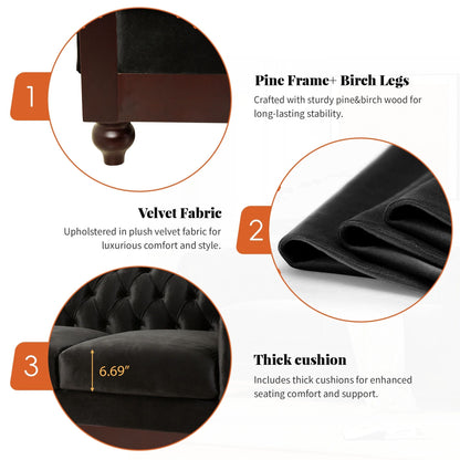 Canapé Chesterfield en velours 59,44 po avec accoudoirs roulés, dossier capitonné et capacité de charge de 600 lb