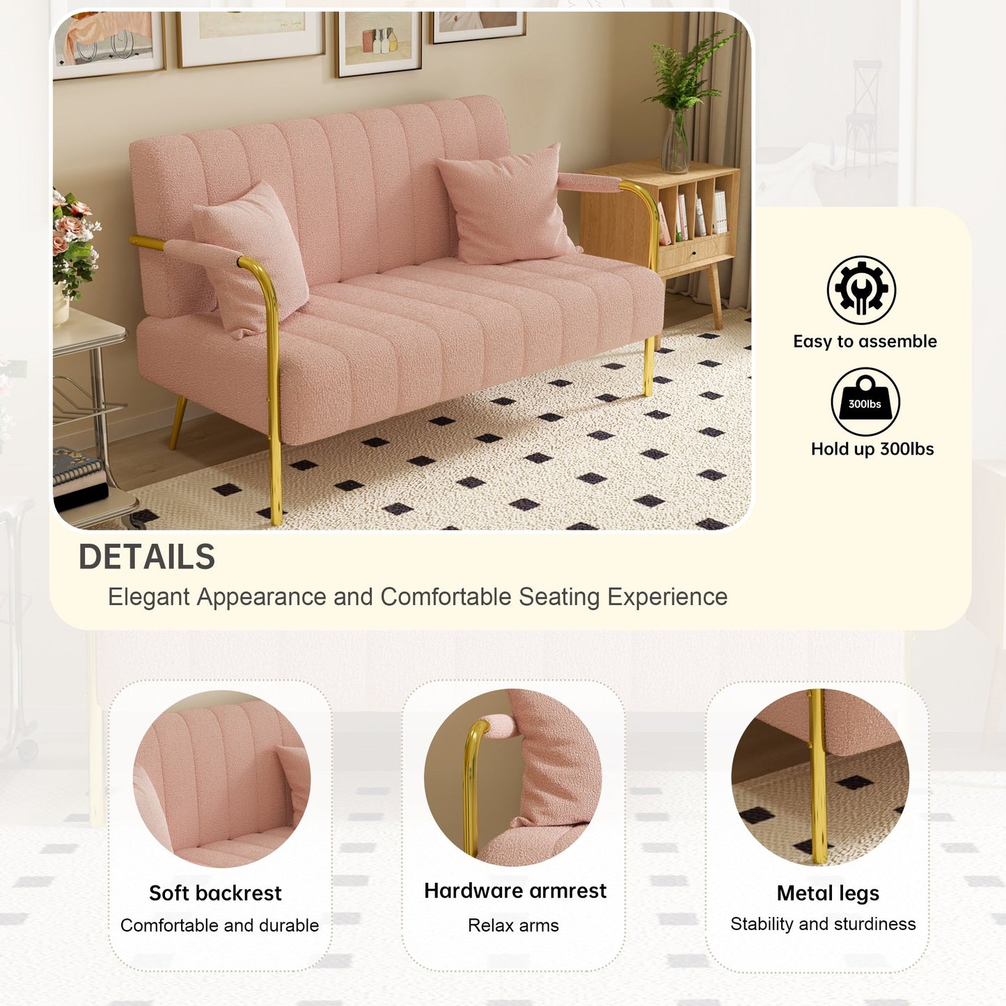 Canapé en polaire rose doux - 29,92 x 58,66 x 31,89