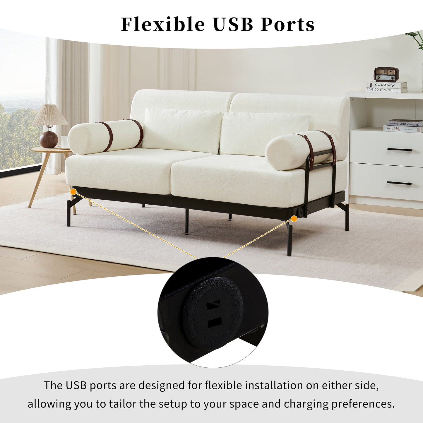 Canapé causeuse moderne en chenille de 59 po avec ports de chargement USB, accoudoirs cylindriques et capacité de charge de 440 lb