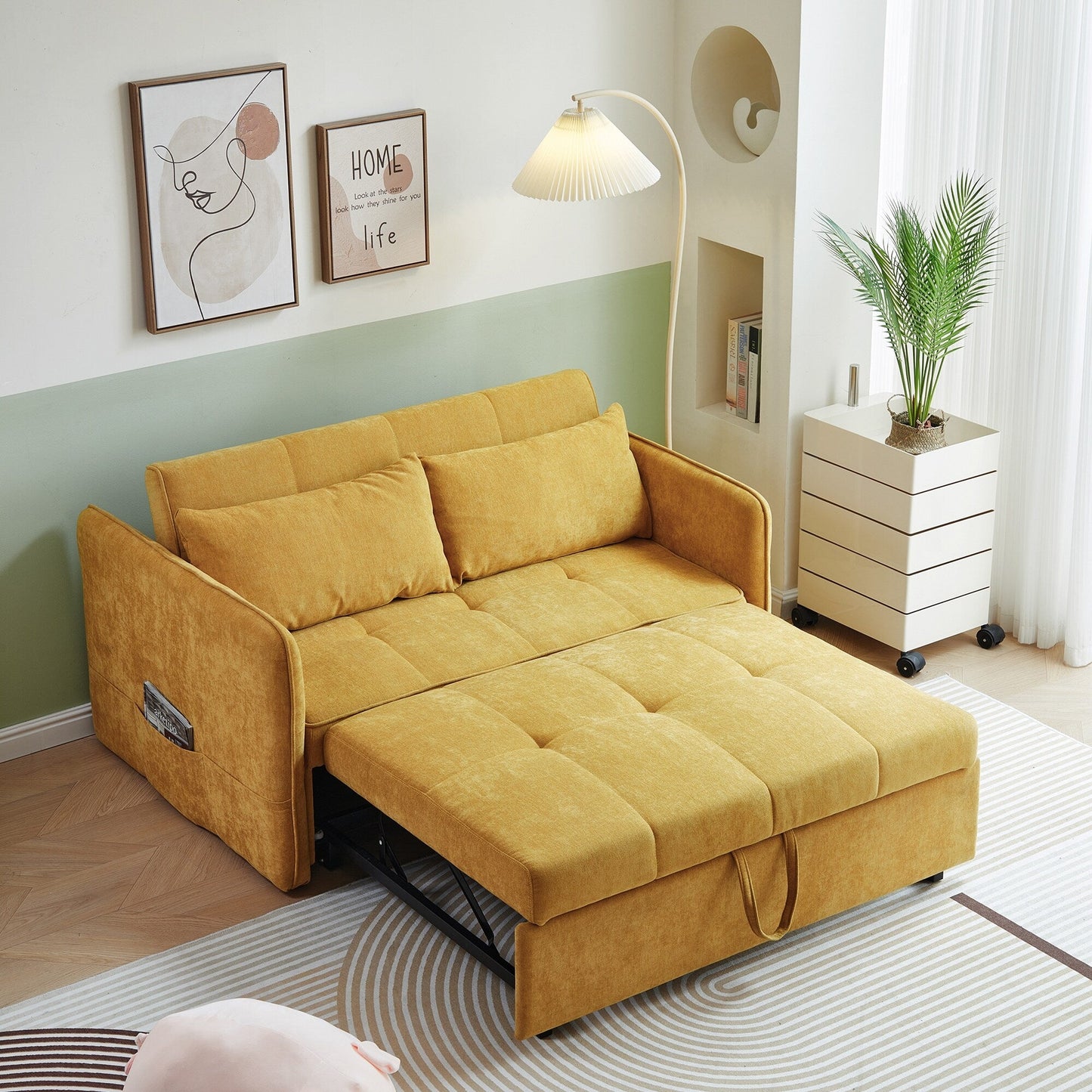 Canapé-lit gigogne en tissu chenille jaune - 39,00 x 53,50 x 31,50