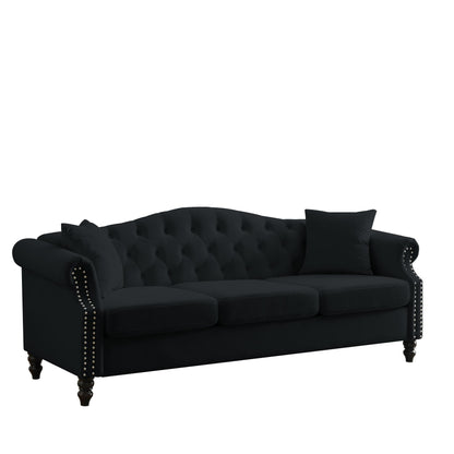 [Vidéo] Canapé Chesterfield 79 en velours noir pour salon, canapé 3 places capitonné avec accoudoirs roulés et tête de clou pour salon