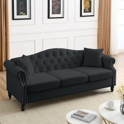 [Vidéo] Canapé Chesterfield 79 en velours noir pour salon, canapé 3 places capitonné avec accoudoirs roulés et tête de clou pour salon