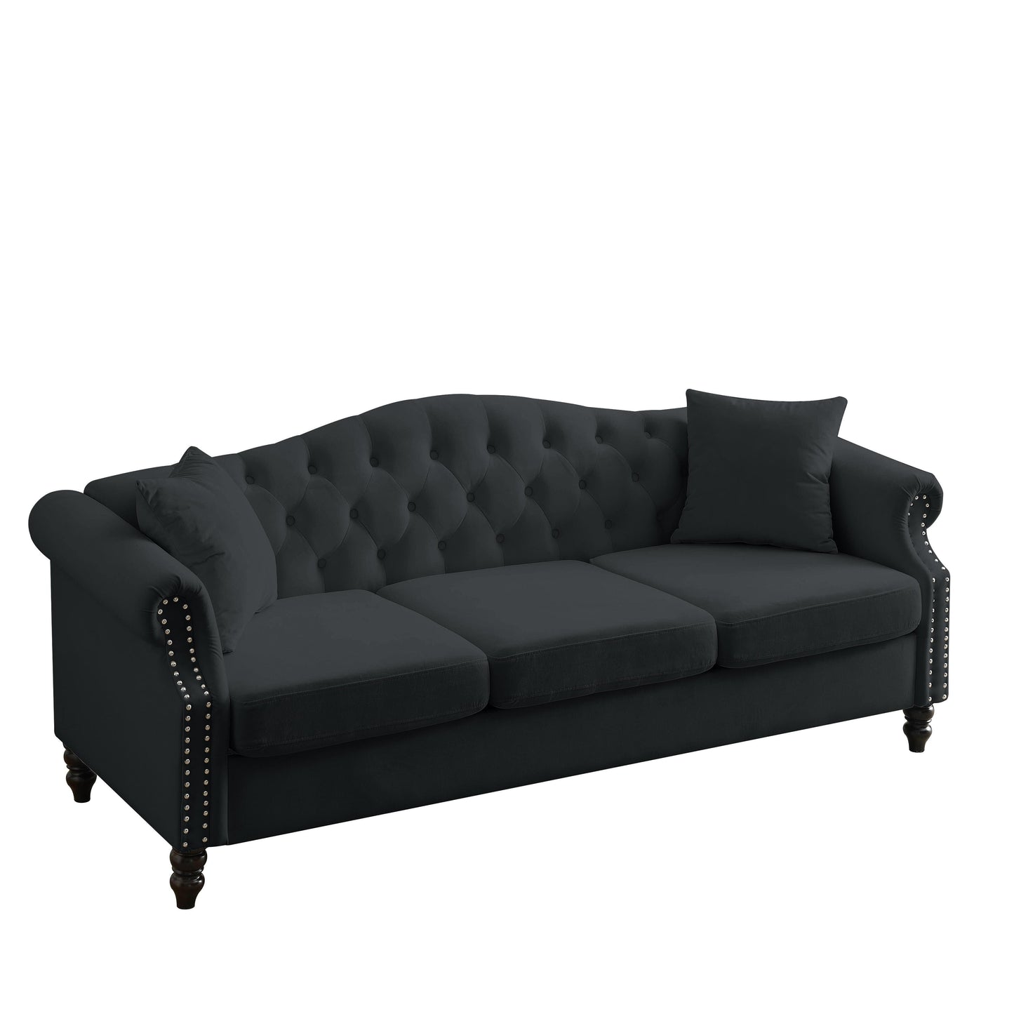 [Vidéo] Canapé Chesterfield 79 en velours noir pour salon, canapé 3 places capitonné avec accoudoirs roulés et tête de clou pour salon