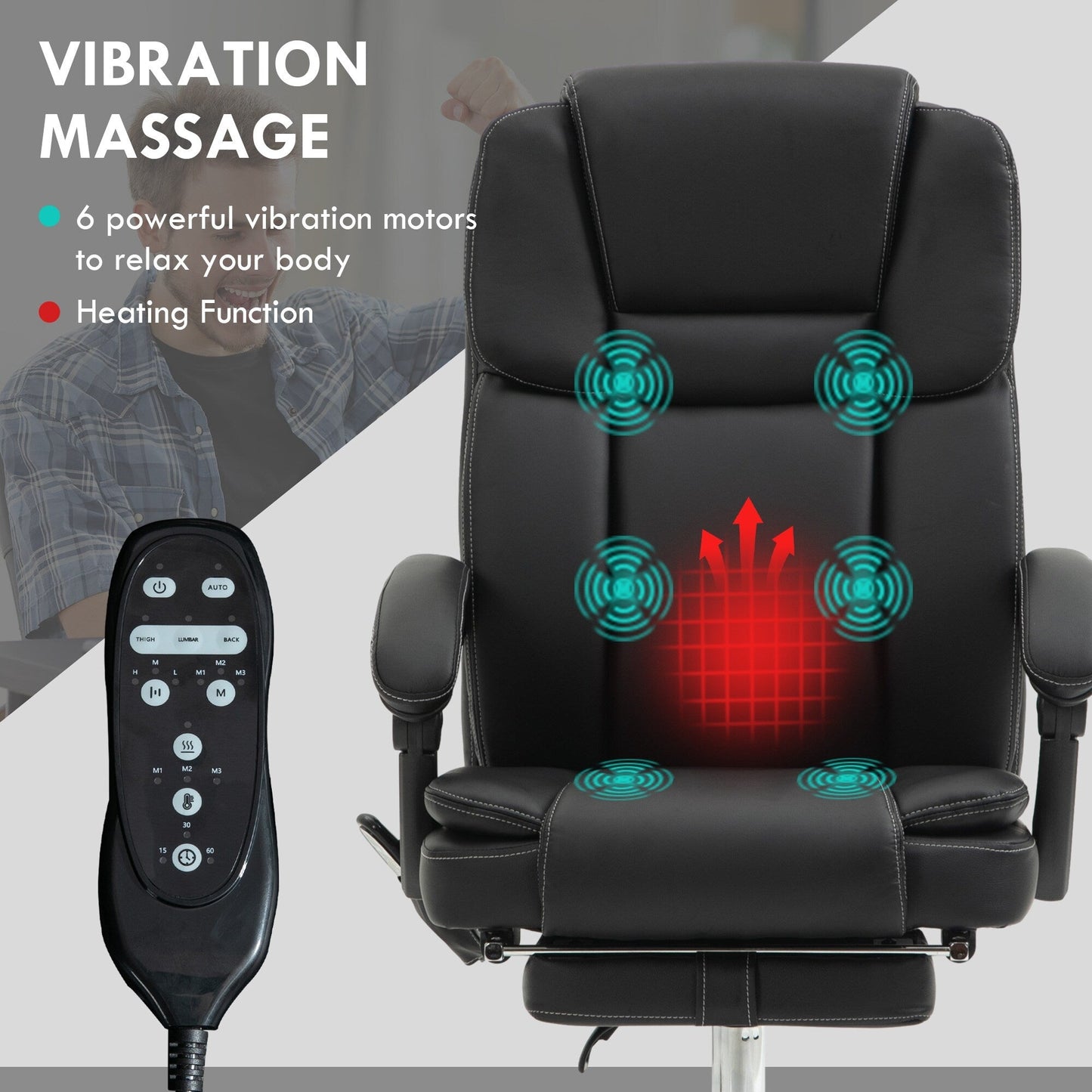 Fauteuil de bureau inclinable avec massage par vibrations à 6 points, revêtement en cuir synthétique, avec chauffage lombaire et repose-pieds