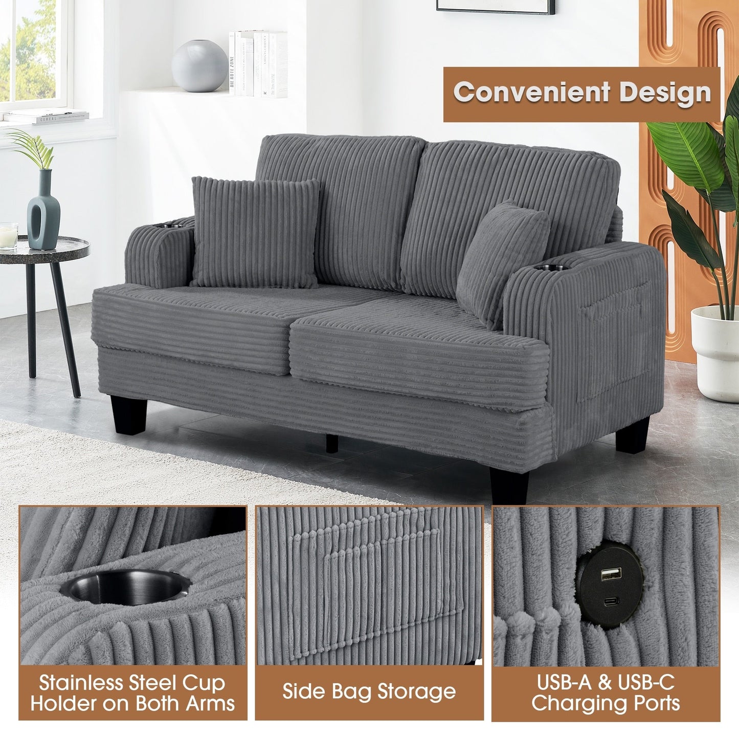 Canapé causeuse contemporain en velours côtelé de 61 po avec 2 coussins et porte-gobelet