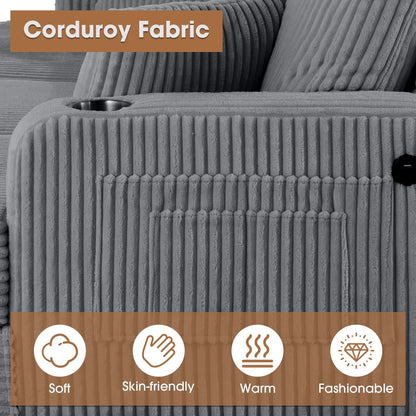 Canapé causeuse contemporain en velours côtelé de 61 po avec 2 coussins et porte-gobelet