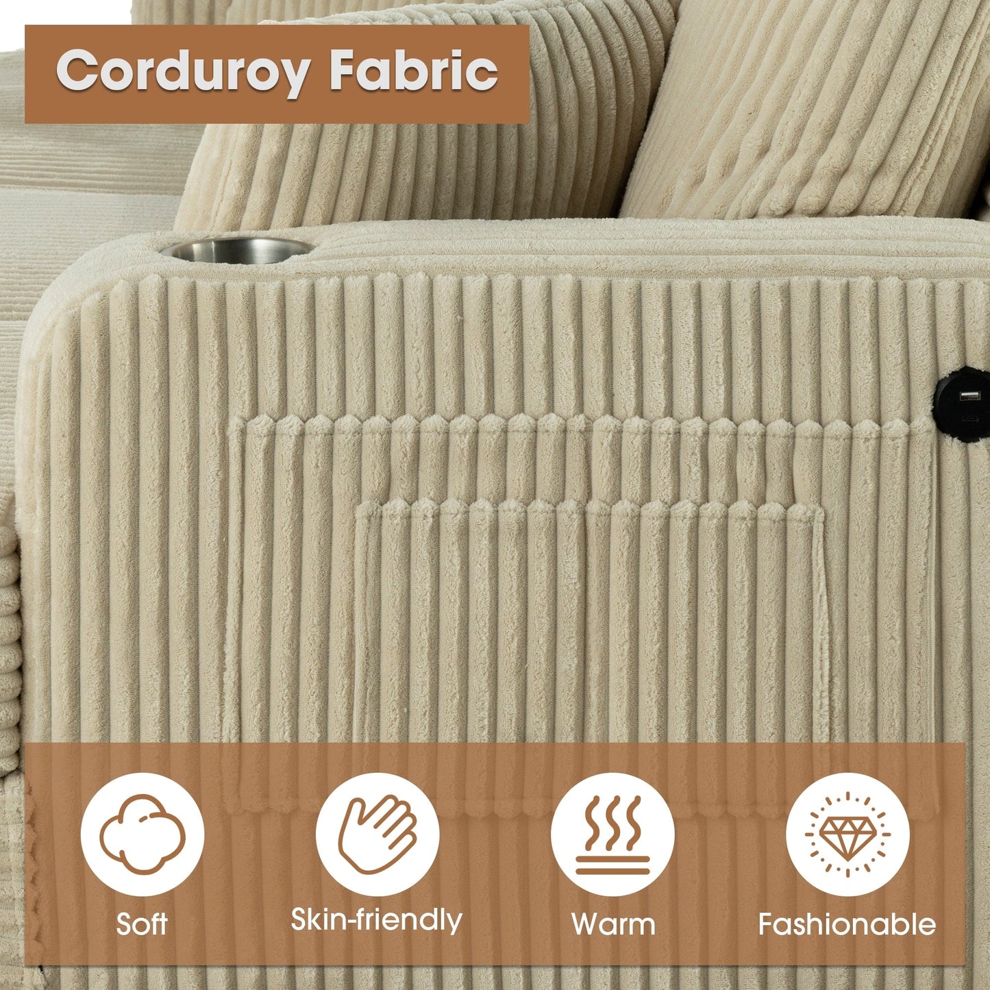 Canapé causeuse contemporain en velours côtelé de 61 po avec 2 coussins et porte-gobelet