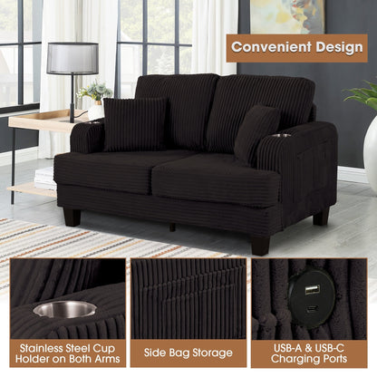 Canapé causeuse contemporain en velours côtelé de 61 po avec 2 coussins et porte-gobelet