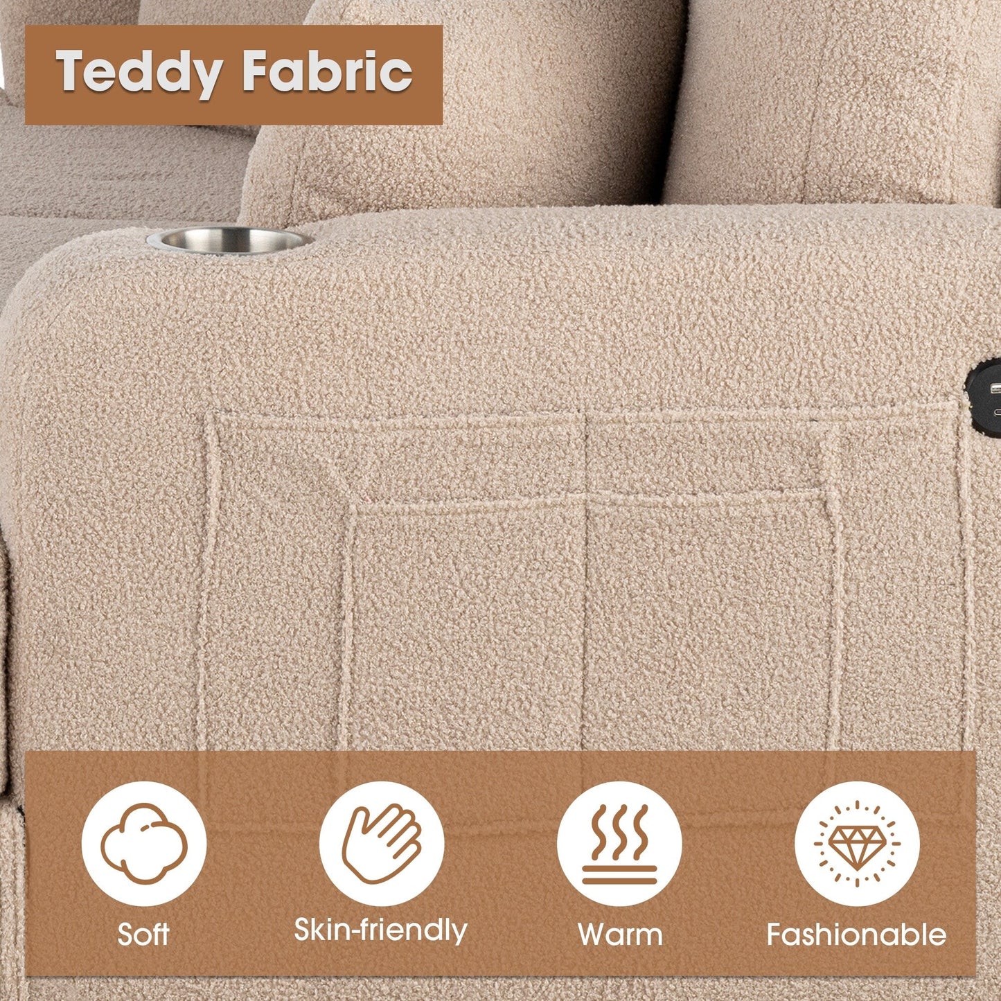 Petit canapé causeuse beige de 61 pouces avec 2 coussins et porte-gobelet