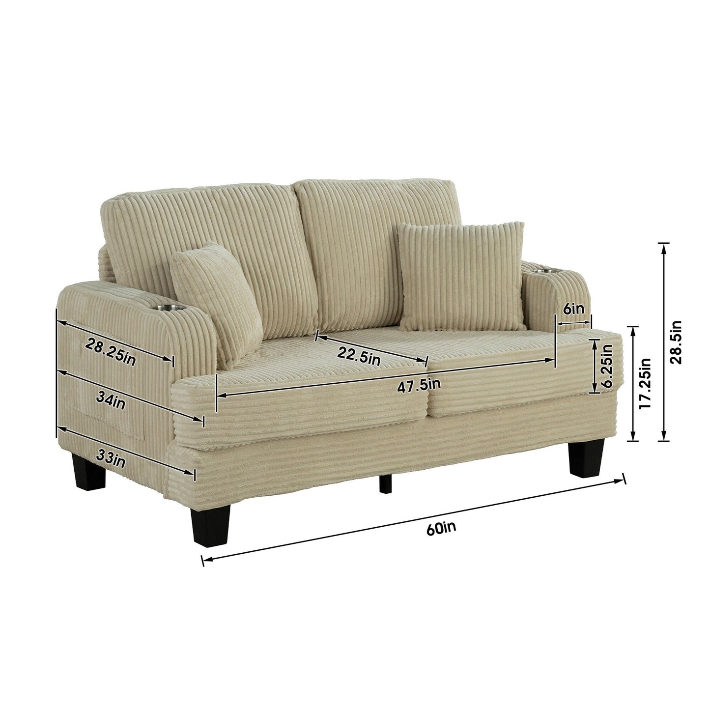 Canapé causeuse contemporain en velours côtelé de 61 po avec 2 coussins et porte-gobelet